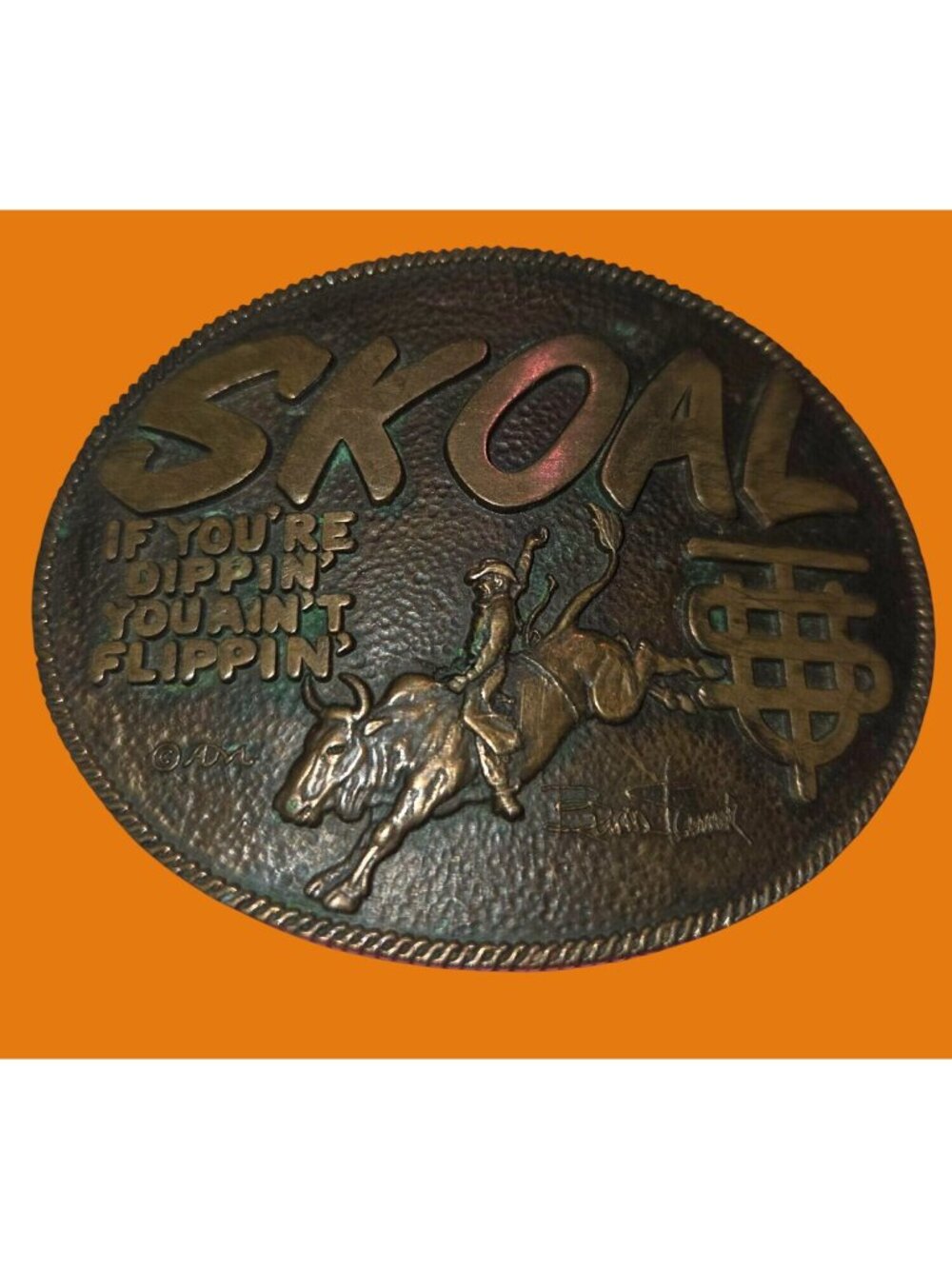 Skoal Vintage Solid Brass Belt Buckle 4" Patina Western Rodeo Design "If Youre D